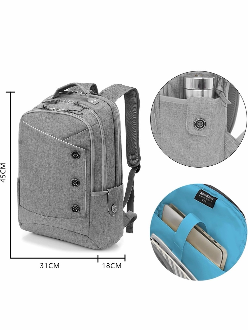 Kingslong 15.6 Laptop Bag - Classed Up Grey & Bright Blue - Picture 3 of 12